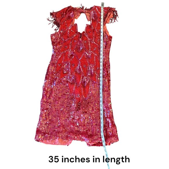Vintage Gunit 80s Red Beaded Fringe Cocktail Dress With Open Back & High Necklin - Picture 11 of 12